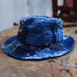 Indigo dyed patchwork bucket hat
