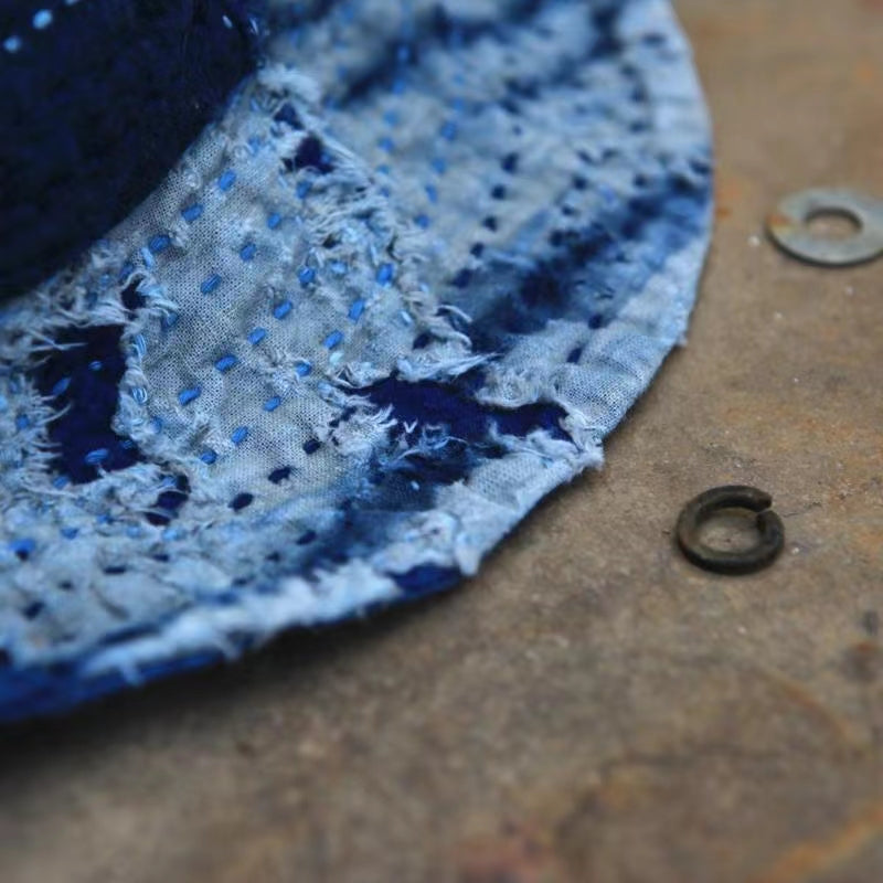 Indigo dyed patchwork bucket hat