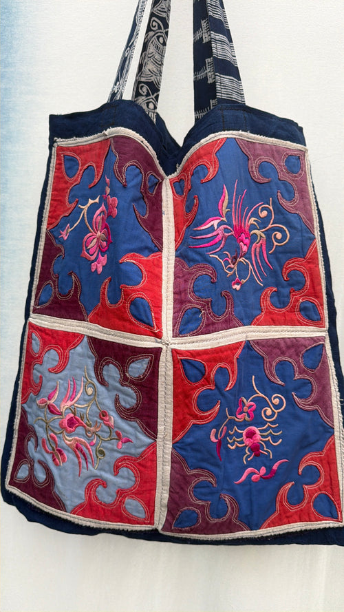 Embroidery indigo linen bag